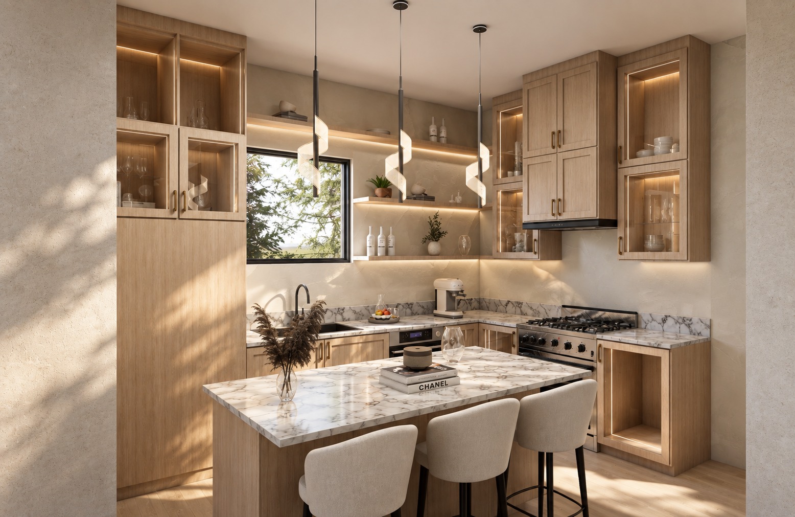 Kitchen with marble counters and natural oak cabinetry