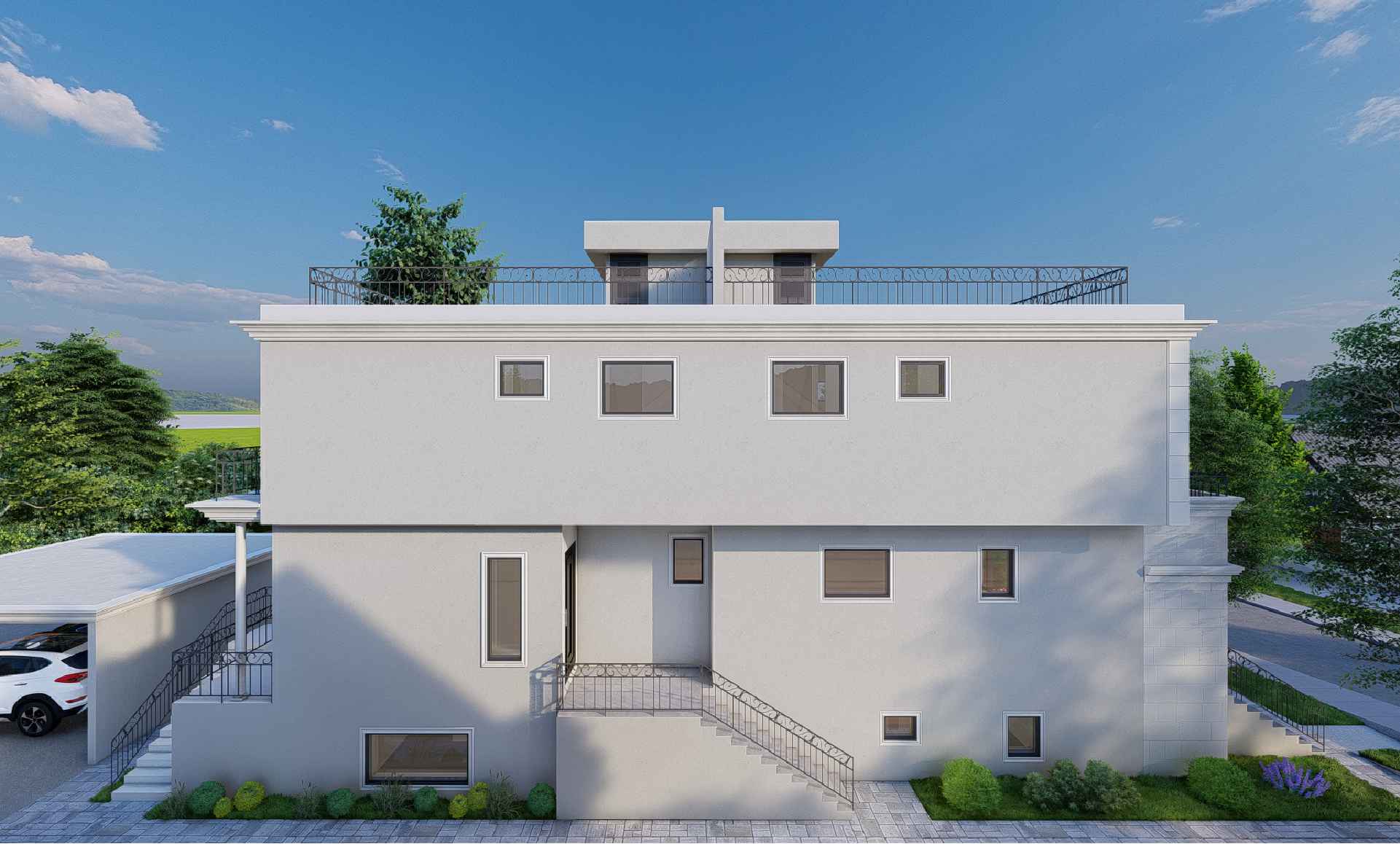 North elevation and garden-level entries