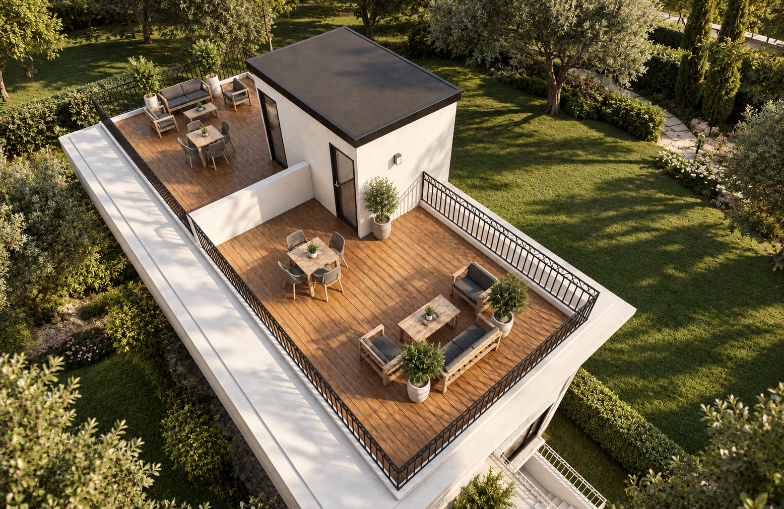 Rooftop deck with lounge and dining areas