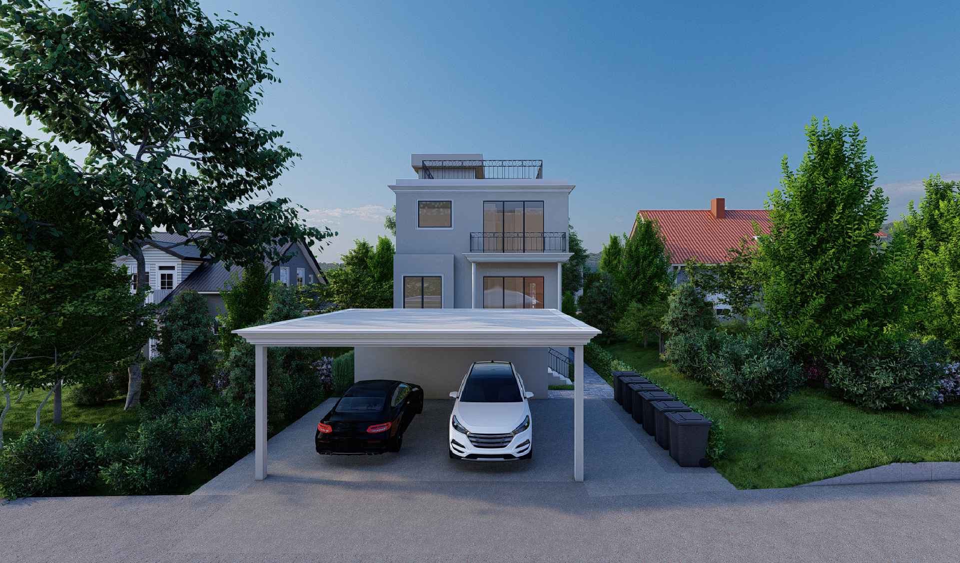 Two-car carport off the rear lane at dusk