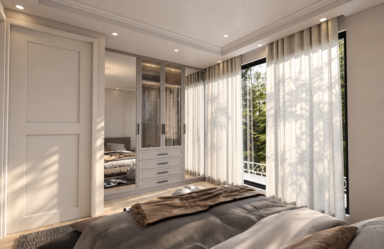 Bedroom with mirrored walk-in wardrobe