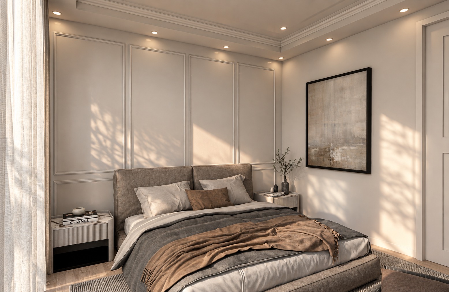 Primary bedroom with coffered ceiling detail