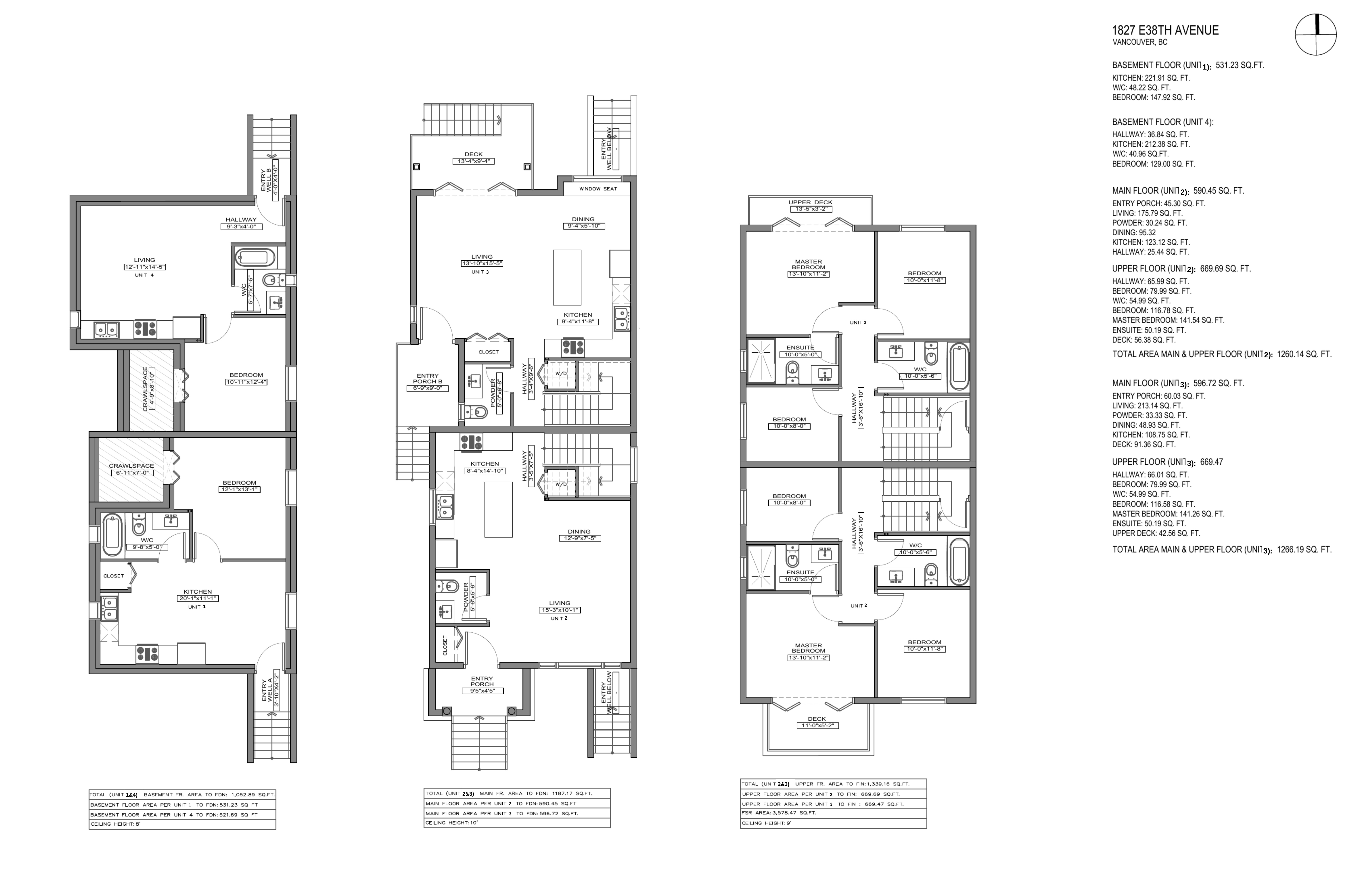 Marketing plan sheet for JonesPark38 showing basement, main and upper floor layouts with room areas