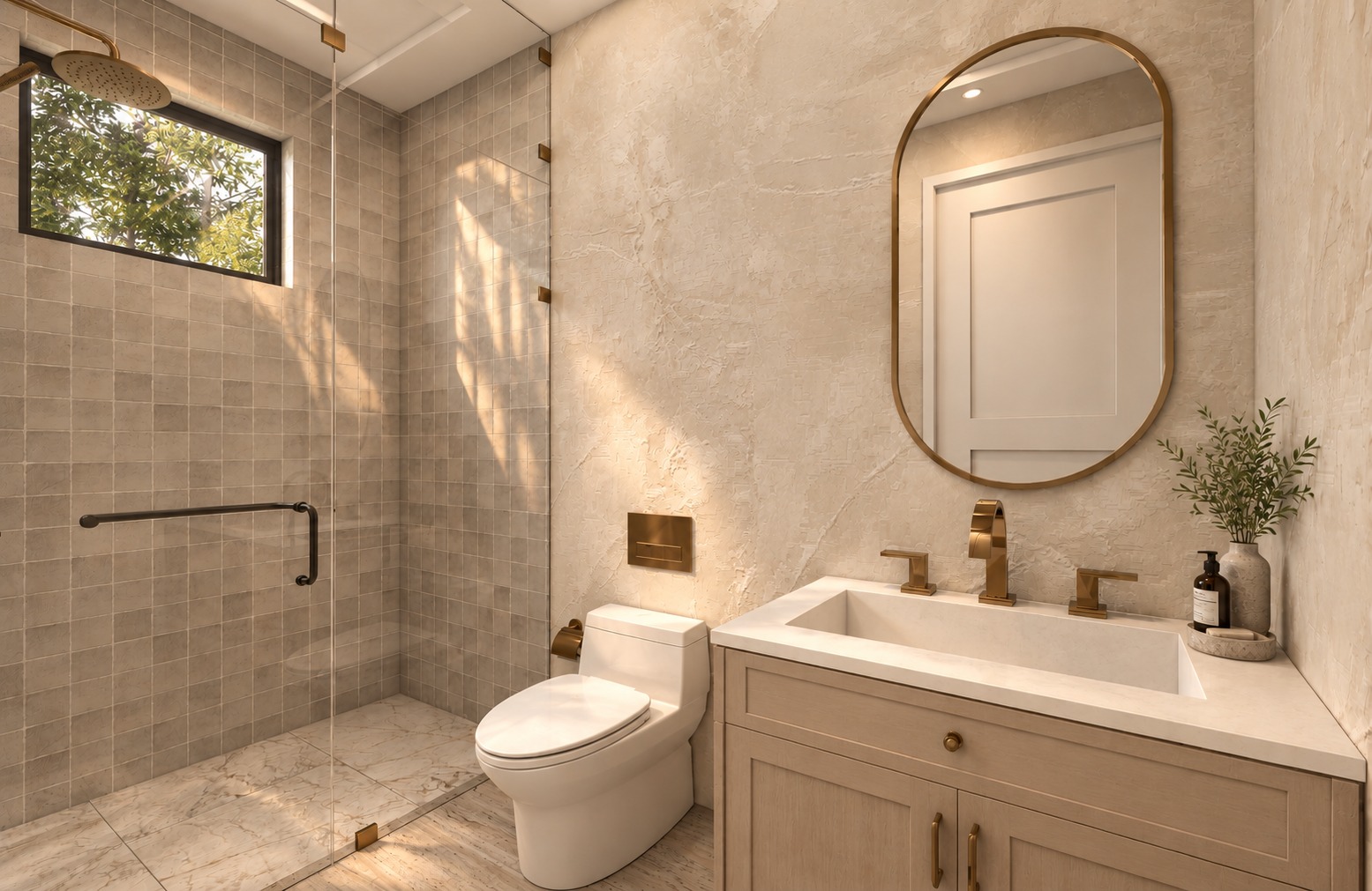 Bathroom with walk-in shower and brass fixtures